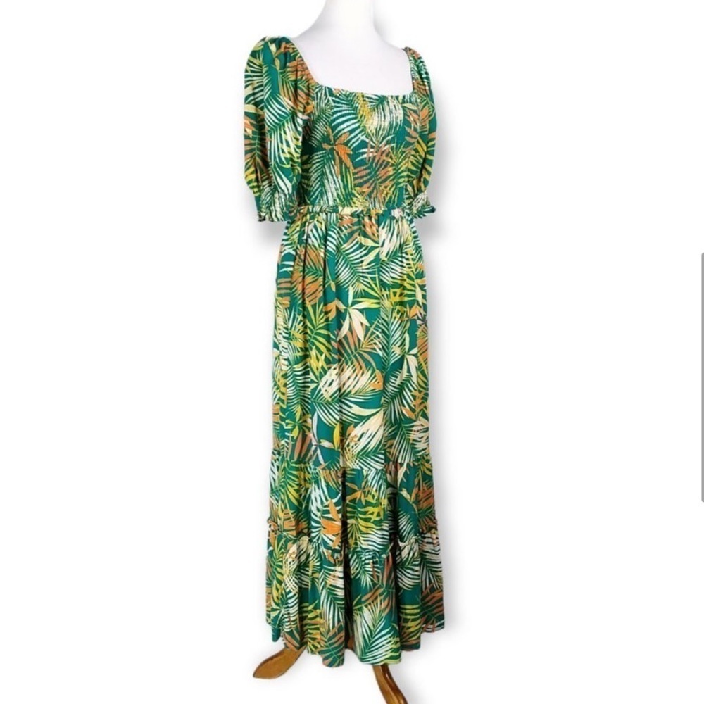 BETSEY JOHNSON Smocked Maxi Dress in Green Tropical Leaf Print Size X-Small - Picture 5 of 16